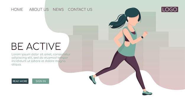 Vector young woman run outdoor in the city sportswear with a fitness tracker and earpods.  landing page web design template.