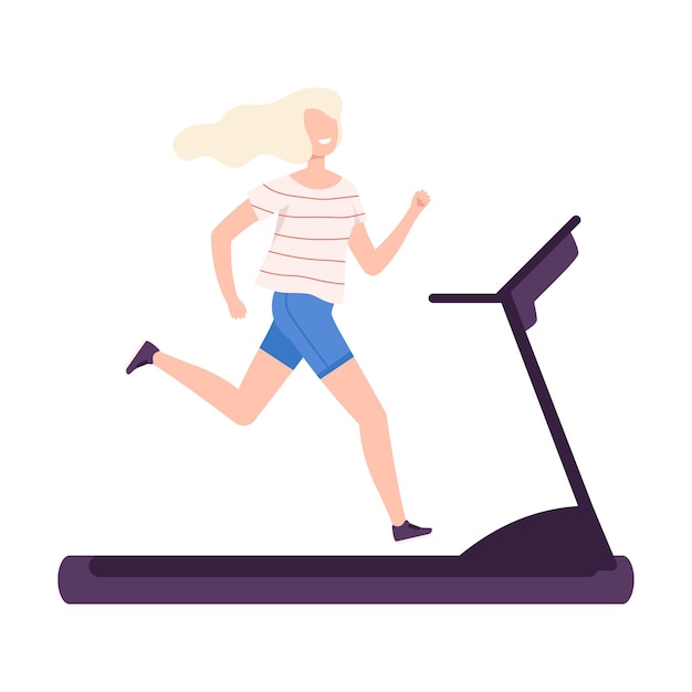 Young Woman Running on Treadmill Girl Doing Sports in Fitness Club Gym or Home Active Healthy Lifestyle Flat Style Vector Illustration