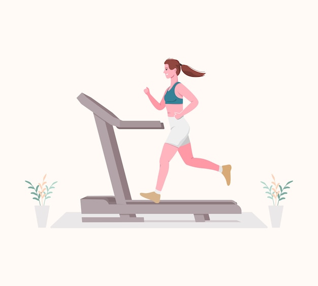 Vector young woman running on a treadmill. indoor sport concept.