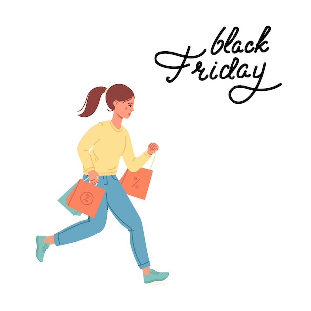 Young woman running with shopping bags black friday sales panic purchasing snap up scare buying