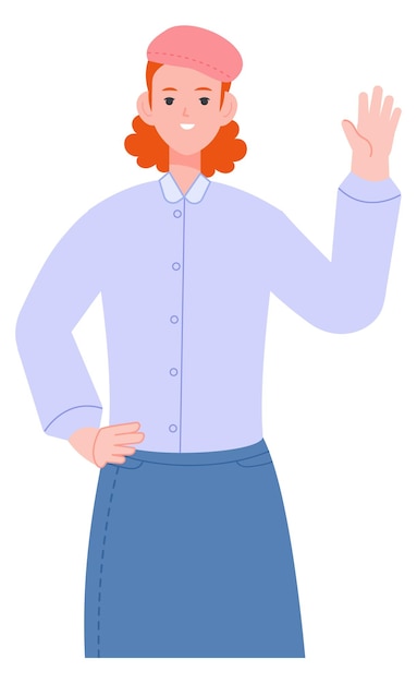 Vector young woman says hi with waving hand gesture