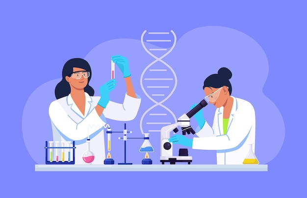 화학 연구, 미생물 분석, 테스트를 하는 실험실에서 현미경을 들여다보는 젊은 여성 과학자. 백신 실험을 수행하는 생화학 과학 실험실 직원