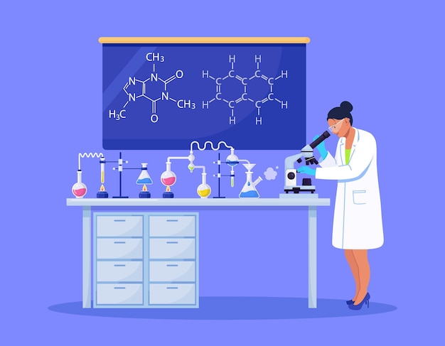 Vector young woman scientist looking through a microscope in a laboratory doing chemical research, microbiological analysis or medical test. vector illustration