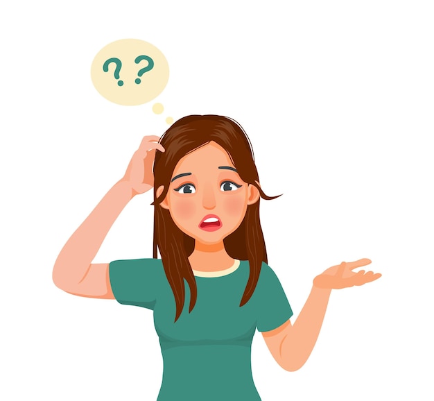 Vector young woman scratching her head having no idea confused and  doubt about question raise her hand