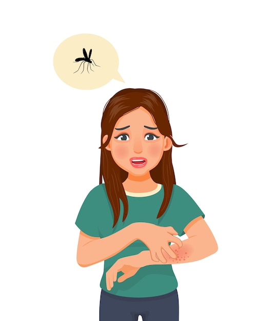 Вектор Молодая женщина чешет зудящую руку с проблемами сухой кожи укусы комаров аллергический дерматит