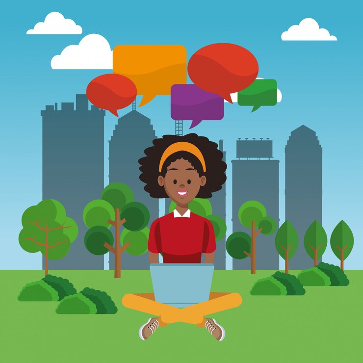 Vector young woman seated at park using laptop 