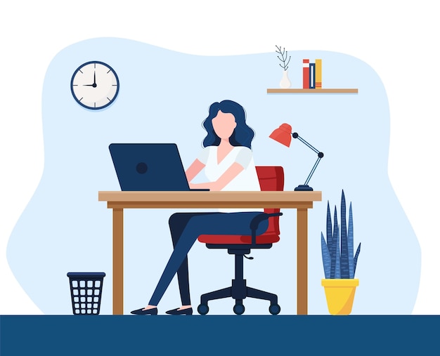 A young woman secretary working at the computer in office workflow process administrative administration business administration Illustrated by vector