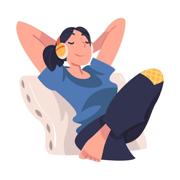 Young Woman in Selfisolation Listening to Music Leaning on Pillow Vector Illustration