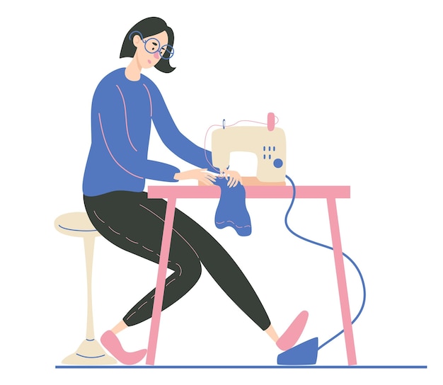 Young woman sewing on an industrial sewing machine Fashion designer needlewoman or seamstress