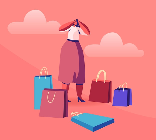 Young Woman Shopaholic Stand Surrounded with Many Colorful Shopping Bags. Cartoon Flat Illustration