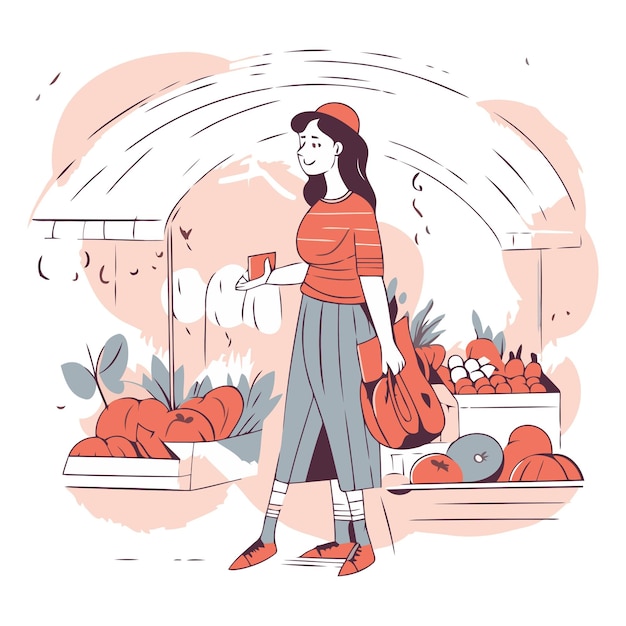 ベクトル 漫画のスタイルでスーパーマーケットで買い物をする若い女性