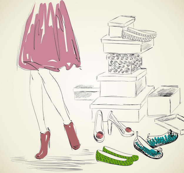 Vector young woman shopping for fashion shoes hand draw illustration