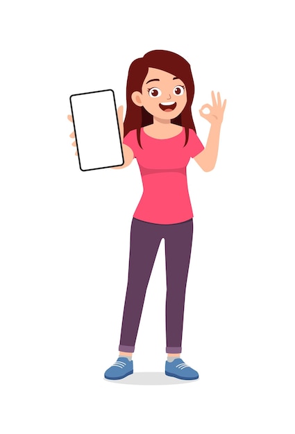 Young woman show phone screen with ok gesture