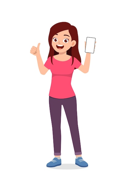 Vector young woman show phone screen with thumb up gesture