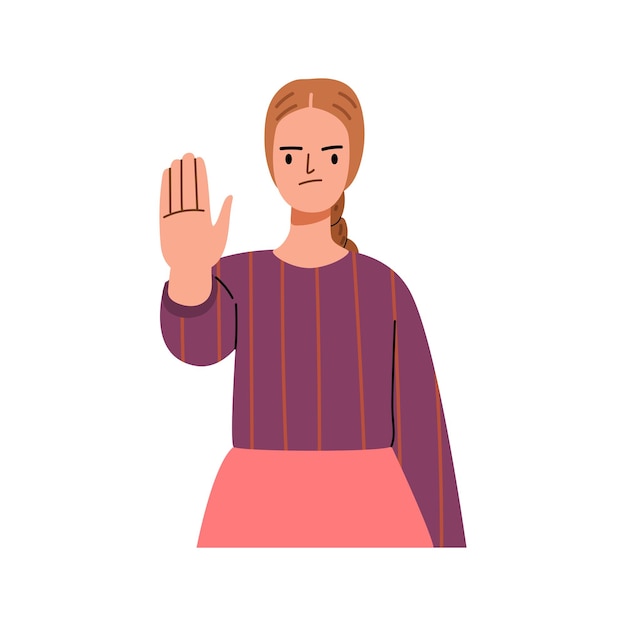 young woman showing palm as stop sign stay hold