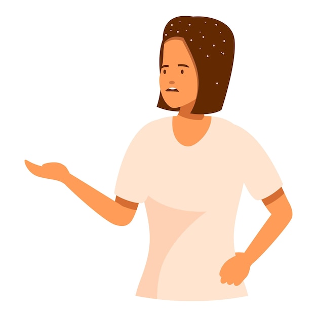 Young woman showing something with empty hand and suffering from dandruff
