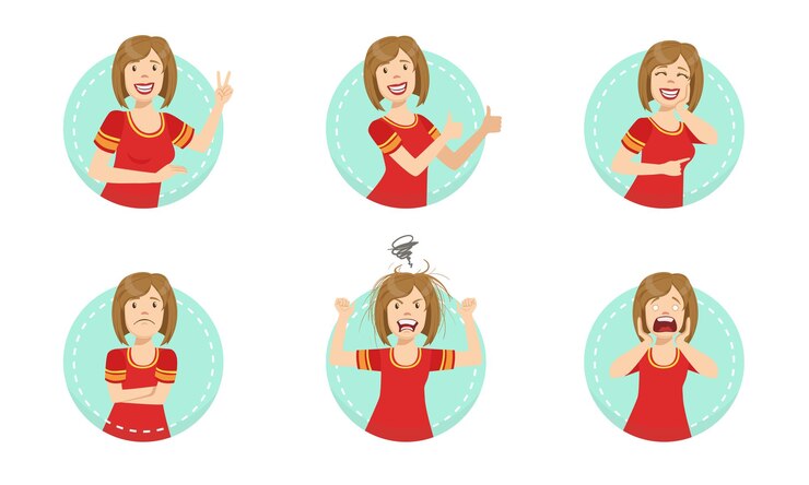 Vector young woman showing various gestures and facial emotions set vector illustration