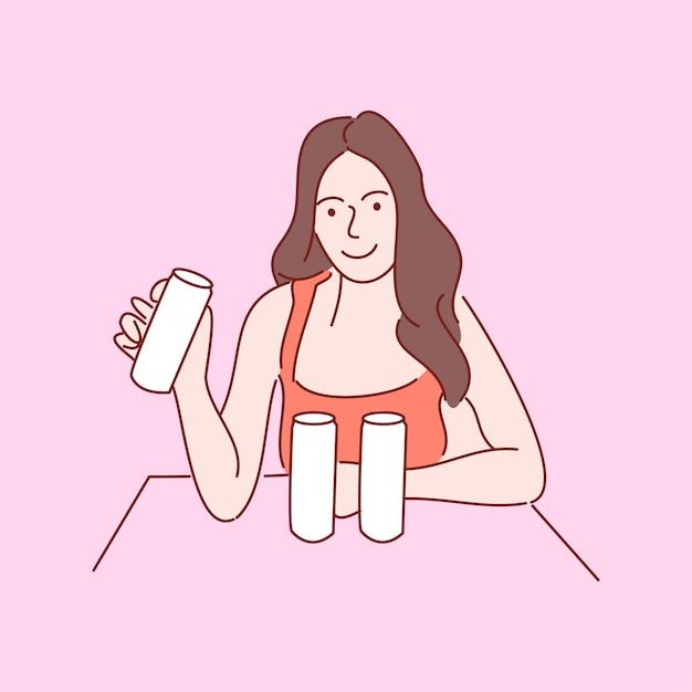 Giovane donna che mostra lattine d'acqua per la pubblicità. illustrazioni vettoriali in stile disegnato a mano.