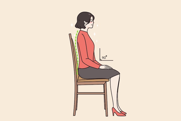 젊은 여성이 올바른 자세로 의자에 앉아 등을 생각하는 여성 직원 오른쪽 앉아있는 포즈