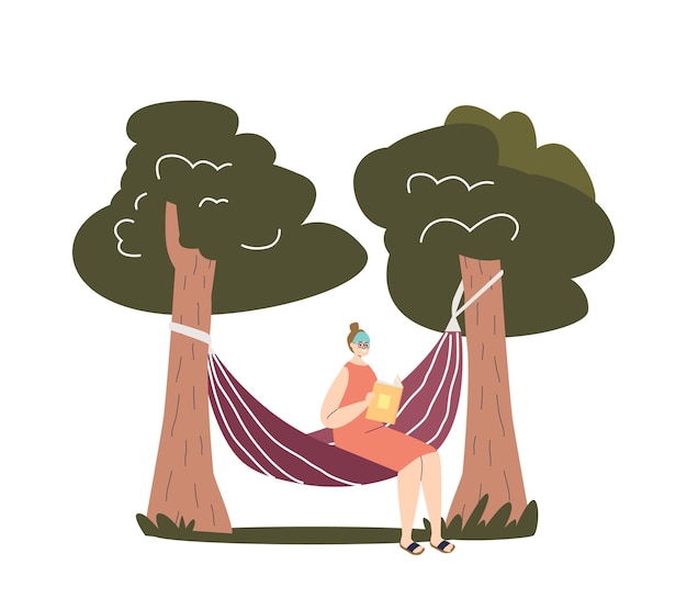 young woman sit in hammock and read book outdoors in garden or forest