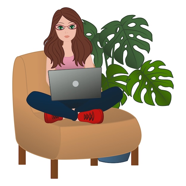 Young Woman Sits On Armchair and Works Remotely