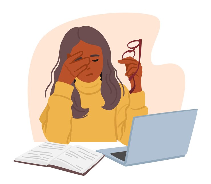 Vector young woman sits at a desk cluttered with a computer paperwork and office supplies female character rubs her tired eyes while holding a pair of glasses cartoon people vector illustration