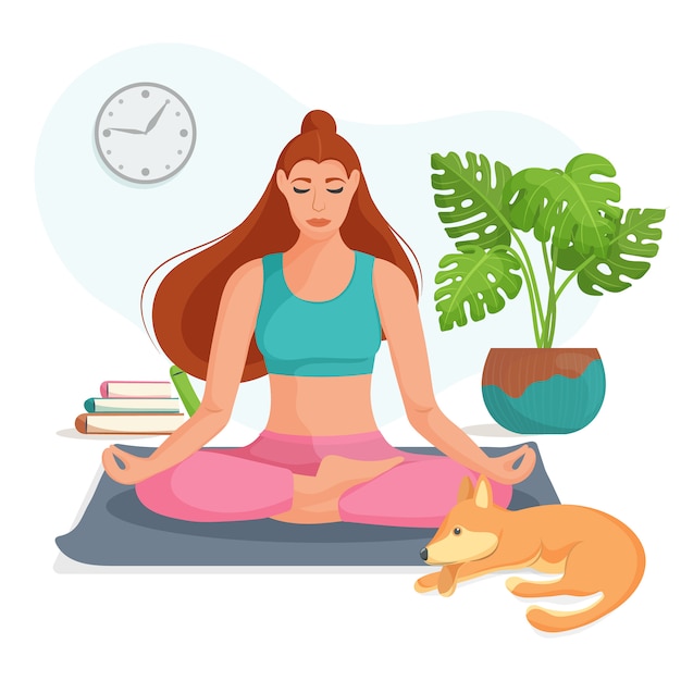 Young woman sits in the lotus position and meditating at home. The concept of yoga, meditation and relax. Health benefits for the body, mind and emotions. Flat  illustration.