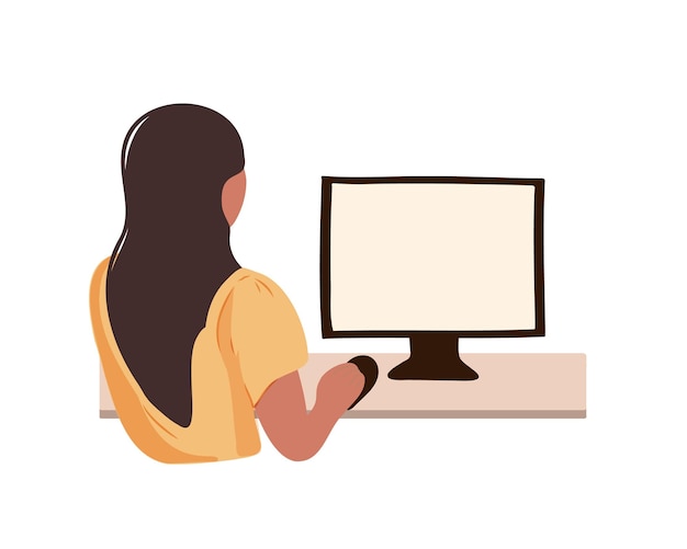 若い女性がコンピューターでテーブルに座って、テーブルでドキュメントを読み、docu に目を通します