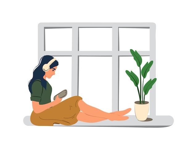 A young woman sits on the window and listens to music on headphones. Music lover. Flat vector illus