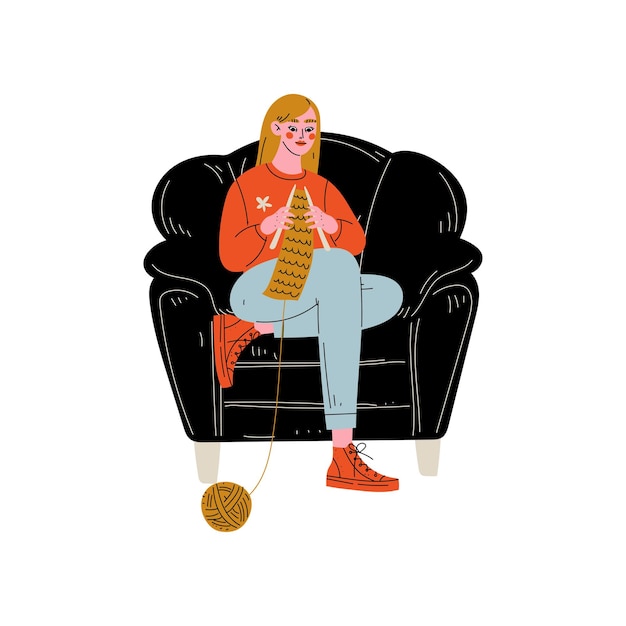 Young Woman Sitting in Armchair and Knitting Girl Spending Weekend at Home and Relaxing Vector Illustration on White Background