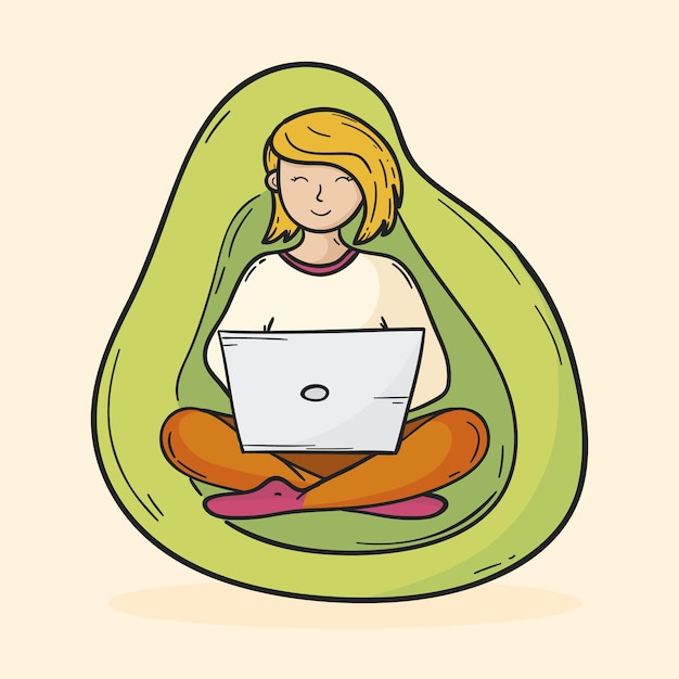 Young woman sitting in a bean bag chair working from home on laptop woman in turkish sitting pose on