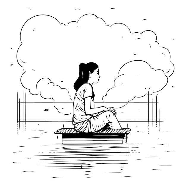 Vector young woman sitting on a bench by the lake