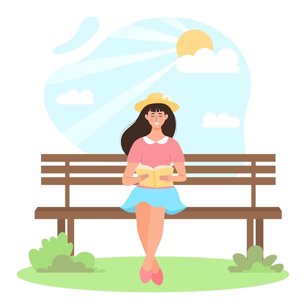 Vector young woman sitting on the bench in the park and reading a book freelance working studying education