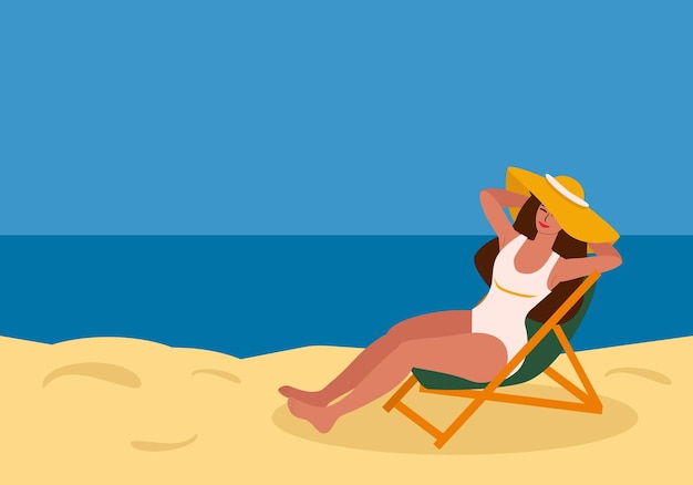 young woman sitting by sea in deck chair