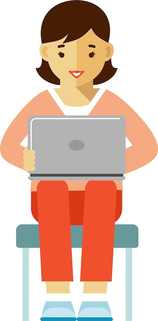 Vector young woman sitting on chair and working studying with laptop