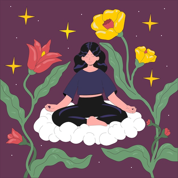 young woman sitting on a cloud in lotus position. concept of meditation and harmony in flat style