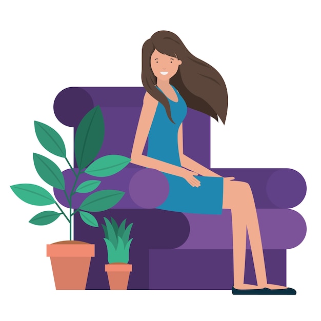 Vector young woman sitting in couch avatar character