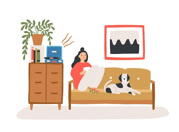 Vettore giovane donna seduta su un comodo divano con il suo cane, bevendo tè o caffè e ascoltando la riproduzione di dischi in vinile in una stanza arredata in stile scandi alla moda. illustrazione vettoriale colorato cartone animato piatto.