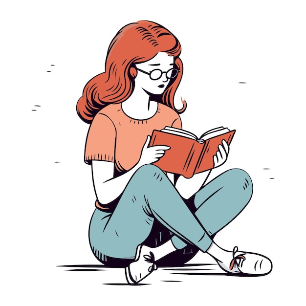 Young woman sitting on the floor and reading a book Vector illustration