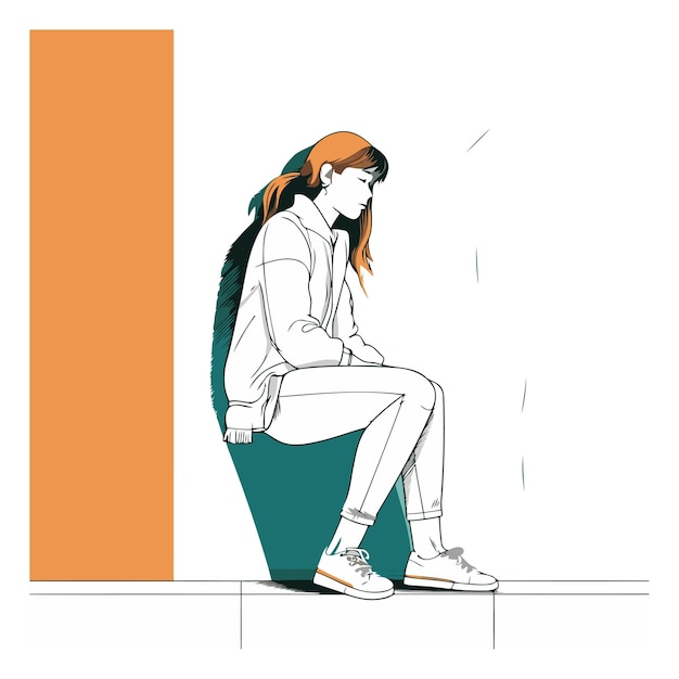 스케치 스타일 로 바닥 에 앉아 있는 젊은 여자
