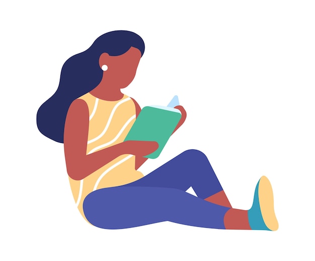 Young woman sitting on floor with book. relaxing comfortable reading. vector illustration