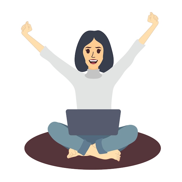 Vector young woman sitting on floor with crossed legs working on laptop freelance. girl pulls her hands up