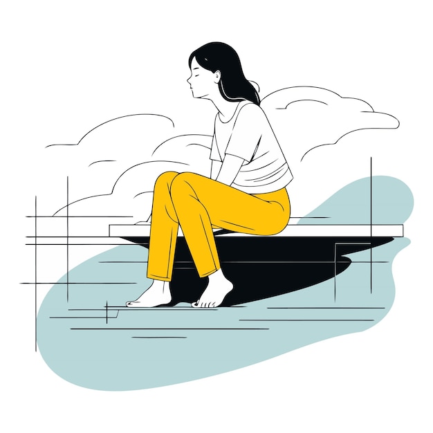 Vector young woman sitting on the ground in flat style