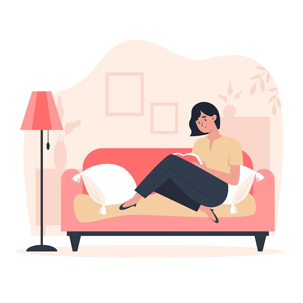 Vector young woman sitting at home on the sofa and reading a book