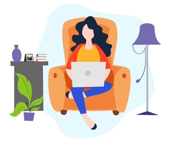 Vector young woman sitting at home using laptop concept of working from home freelancer online shopping