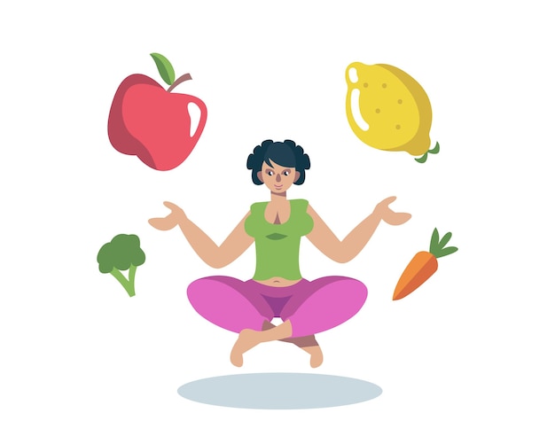 벡터 연꽃 자세로 앉아 있는 젊은 여성 야채 위에 날아다니는 건강하고 활동적인 생활방식 유기농 과일과 야채 먹기 체중 감량 과정 벡터 플랫 그림
