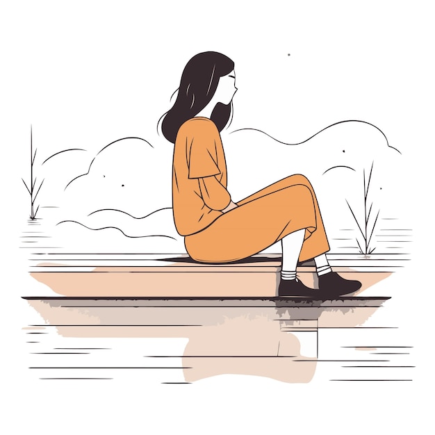 Vector young woman sitting on the lake in sketch style