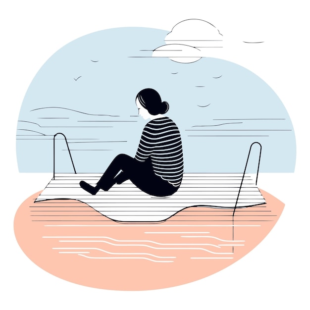 Vector young woman sitting on the beach in flat style