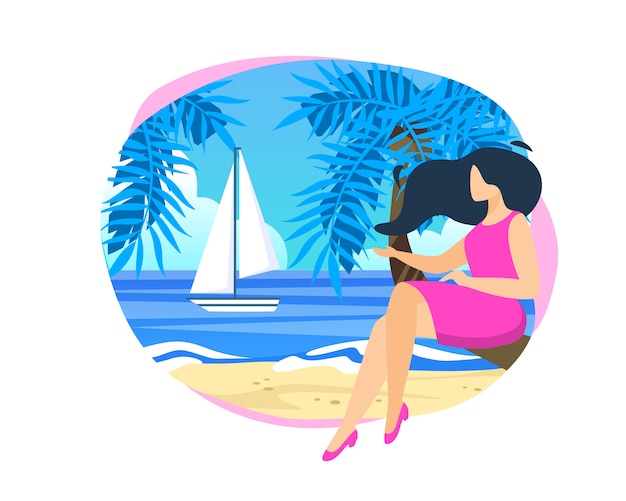 Young woman sitting on palm tree trunk at beach illustration