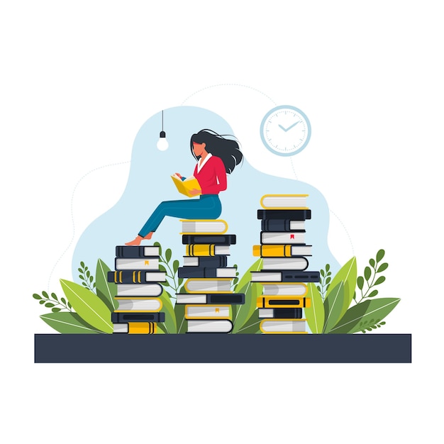 Young woman sitting and reading on a huge stack of books. Cartoon flat vector illustration isolated on white background. Student reading book and learning. Girl's pastime, leisure or hobby.